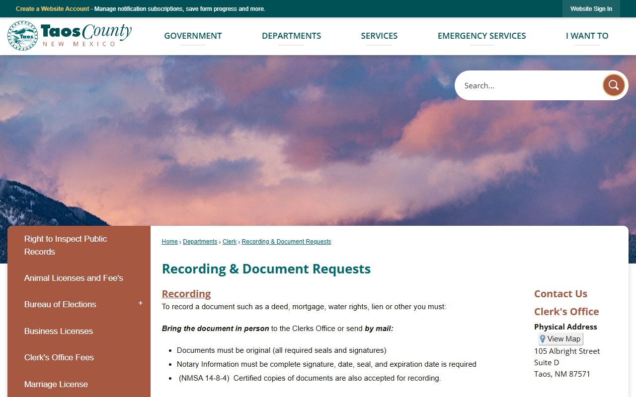 Taos County Clerk of Court records and county document request distinction