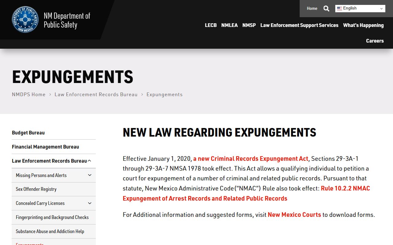 Taos County court records expungement page from New Mexico Department of Public Safety