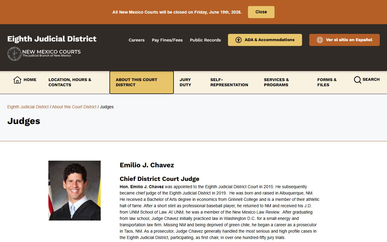 Taos County district court judges page for Eighth Judicial District records