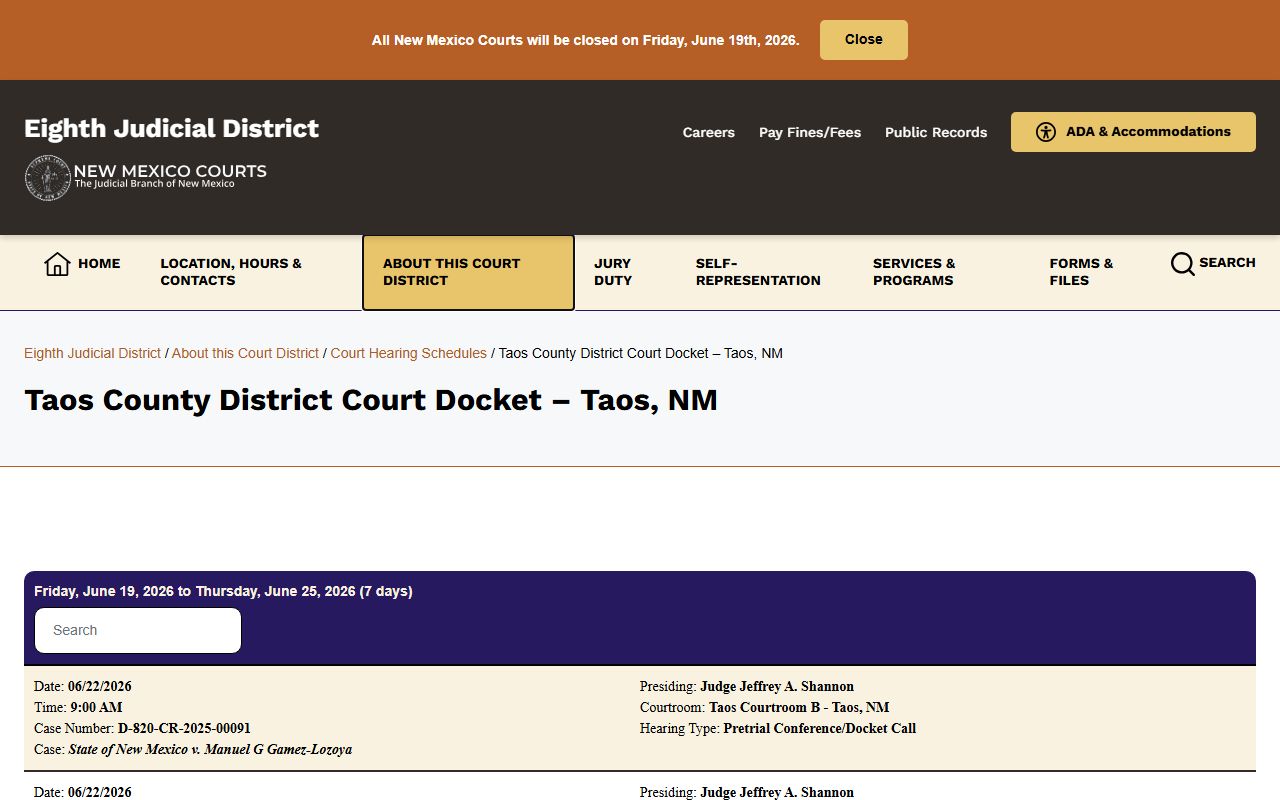Taos County District Court docket page for Taos County district court records