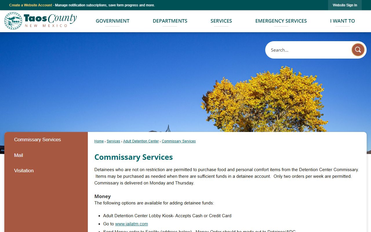 Taos County inmate records commissary services