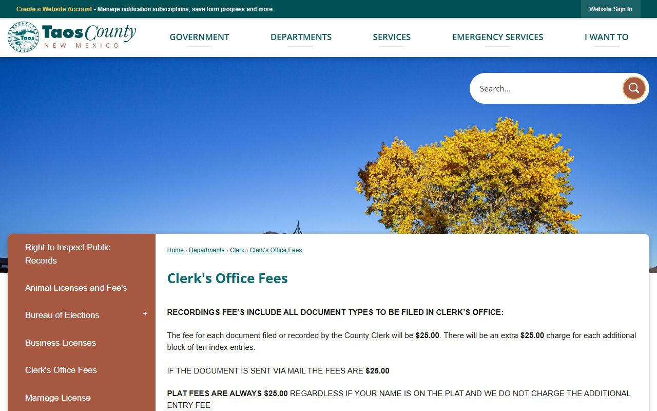 Taos County marriage records clerk fee schedule